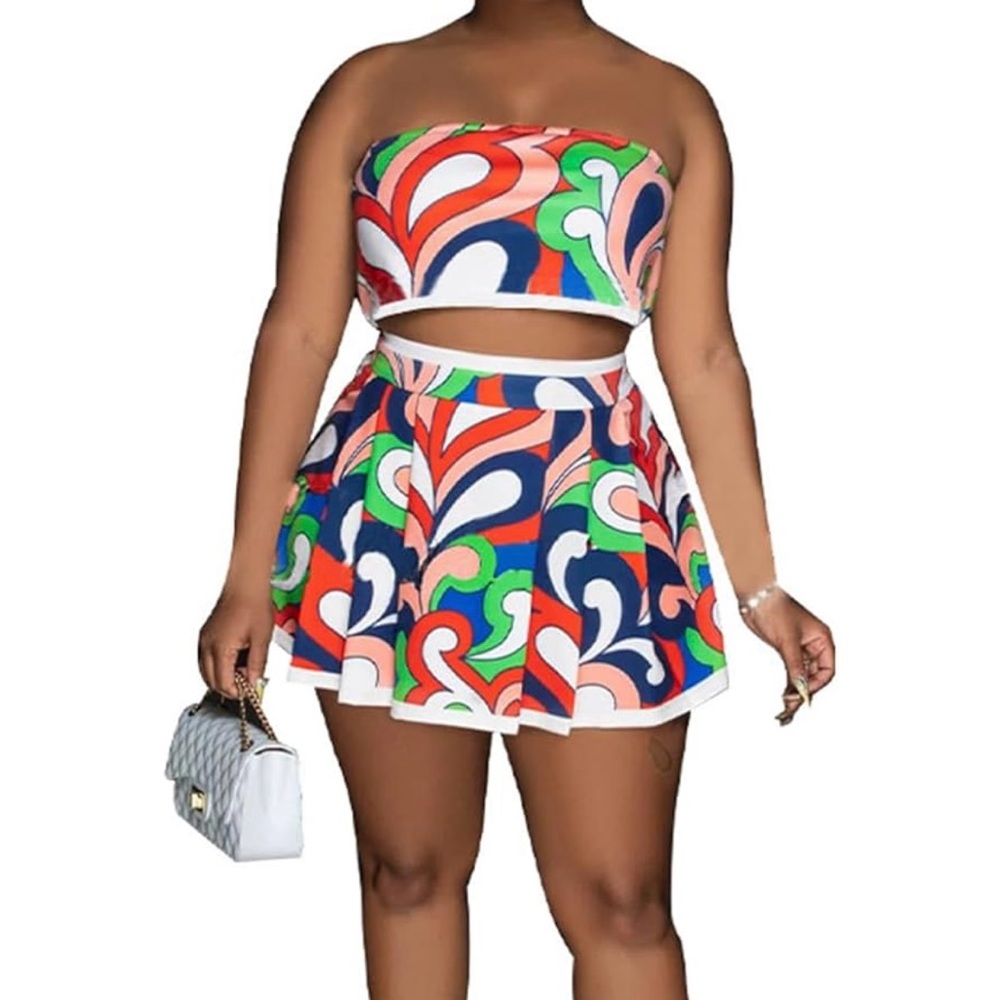 Two Piece Printed Tube Top & Skirt Shorts Pleated - Large Never Worn Multi Color